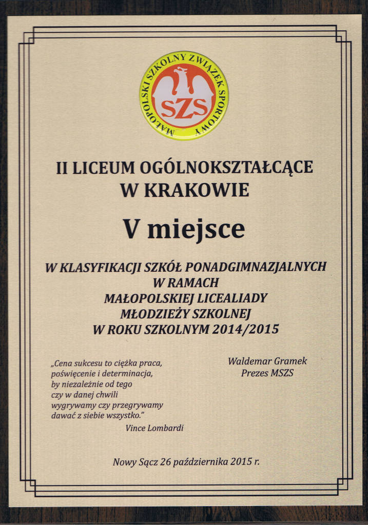 V miejsce Małopolska Licealiada 2014/2015