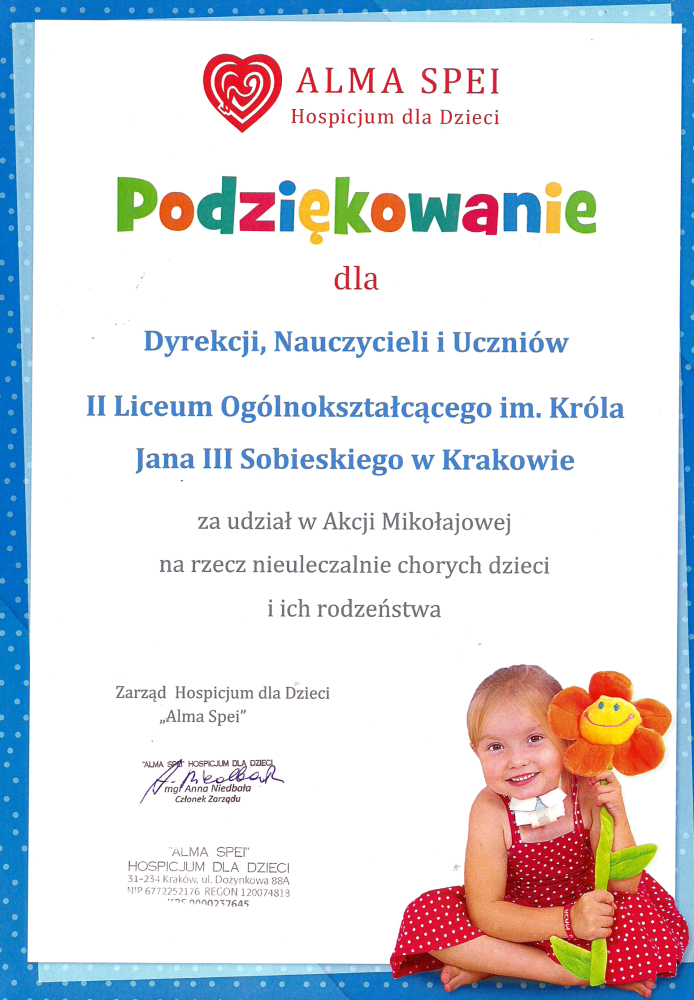 Podziękowanie Alma Spei za udział w akcji Mikołajowej 2015