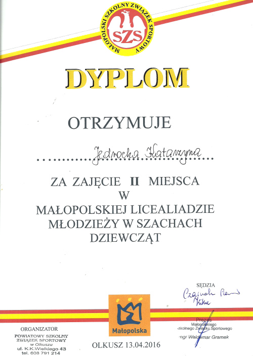 Małopolska Licealiada Młodzieży w Szachach Dziewcząt 2015-2016