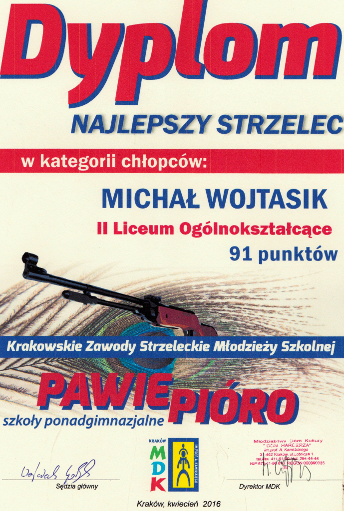 Krakowskie Zawody Młodzieży Szkolnej Strzeleckie "O Pawie Pióro 2016" indywidualnie