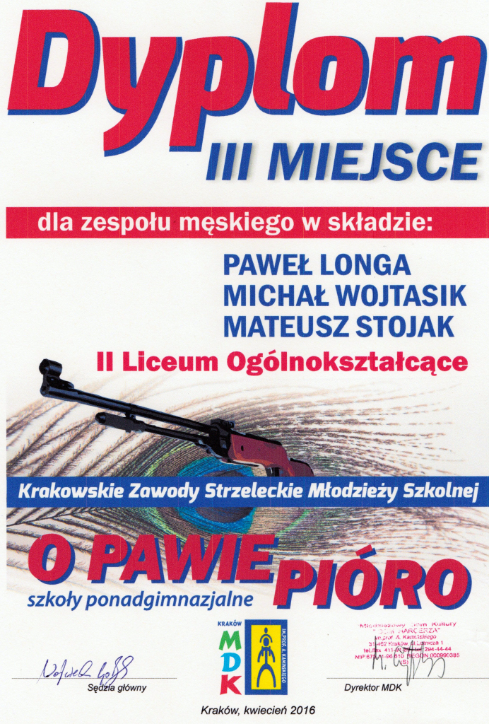 Krakowskie Zawody Młodzieży Szkolnej Strzeleckie "O Pawie Pióro" 2016 drużynowo